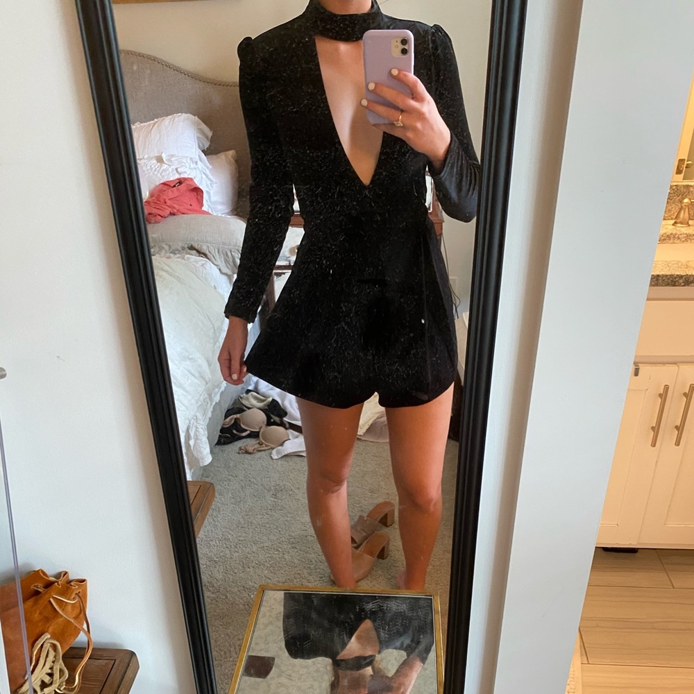 Black velvet deep v romper